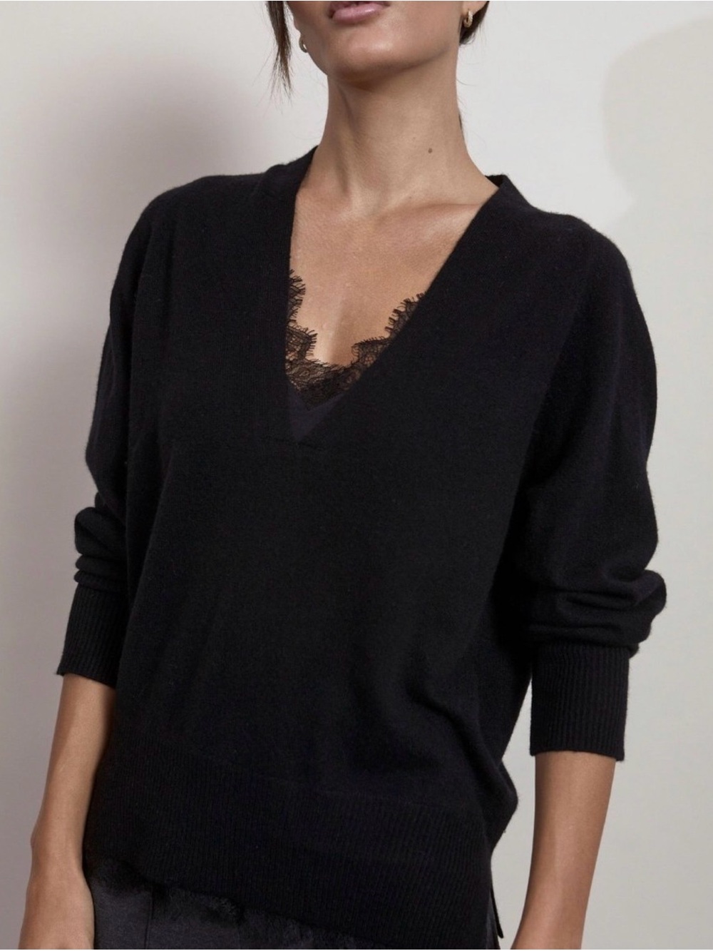 Brochu Walker “Lace Vee Looker” in Black Wool-Cashmere, M